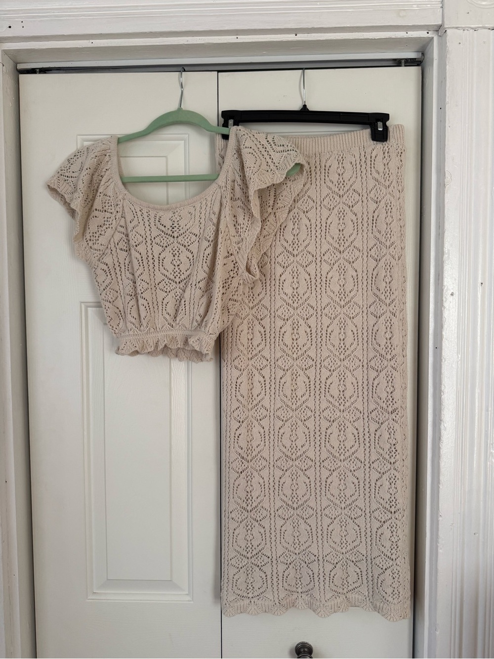 Beige Crochet Maxi Skirt with Matching Crop Top